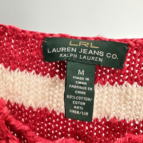 LRL Ralph Lauren Striped Knit Top Sleeveless Lace Up Red Cream Women's M - Picture 5 of 5
